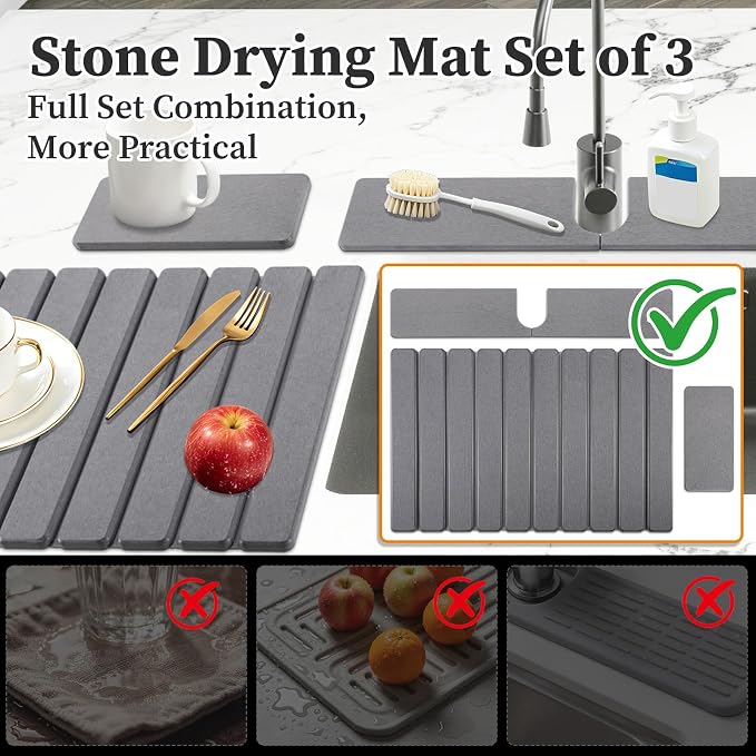 Diatomaceous Stone Drying Mat for Kitchen Counter with Sink Faucet Mat, Gray Absorbent Quick Dry Dish Drying Mat Set, Diatomite Stone Slat Countertop Pad for Dishes, Cups