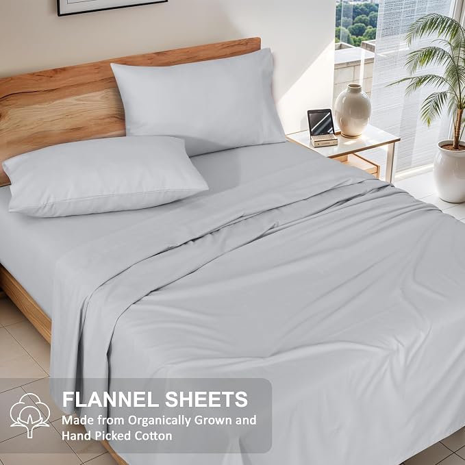 RUVANTI Flannel Sheets Full Size - GOTS Certified 100% Organic Cotton, 4 Piece Warm, Soft & Breathable Set, Deep Pocket Snug Fit, Double Brushed Cozy All Season Bedding, Light Grey
