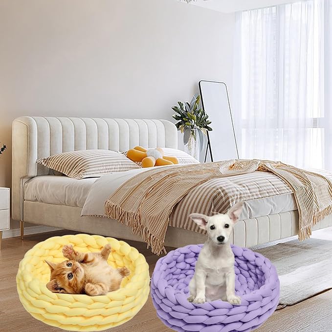 Woven Dog Bed Basket, Knitted Cotton Cat Bed Round Washable Woven Cat Pet Bed Chunky Dog Basket, Orthopedic, Chunky Knit Dog Nest,Dog Bed,Dog Cave,Dog Bedding(Beige,21")