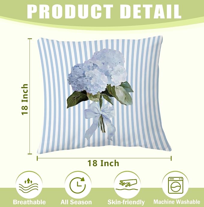 Coquette Blue Bow Hydrangea Floral 18x18 Pillow Cover, Blue Hydrangea Decor, Flower Striped Decorative Throw Pillow Cover for Girls Dorm Bedroom Living Room Home