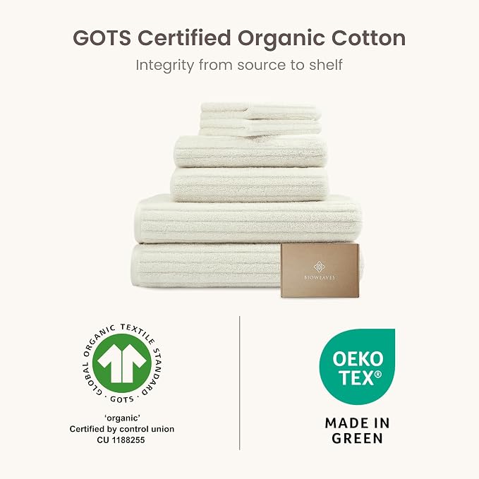 BIOWEAVES 100% Organic Cotton 6-Piece Luxury Bathroom Ribbed Towel Set GOTS Certified 700 GSM, 2 Bath Towel, 2 Hand Towel & 2 Wash Cloths - Ivory