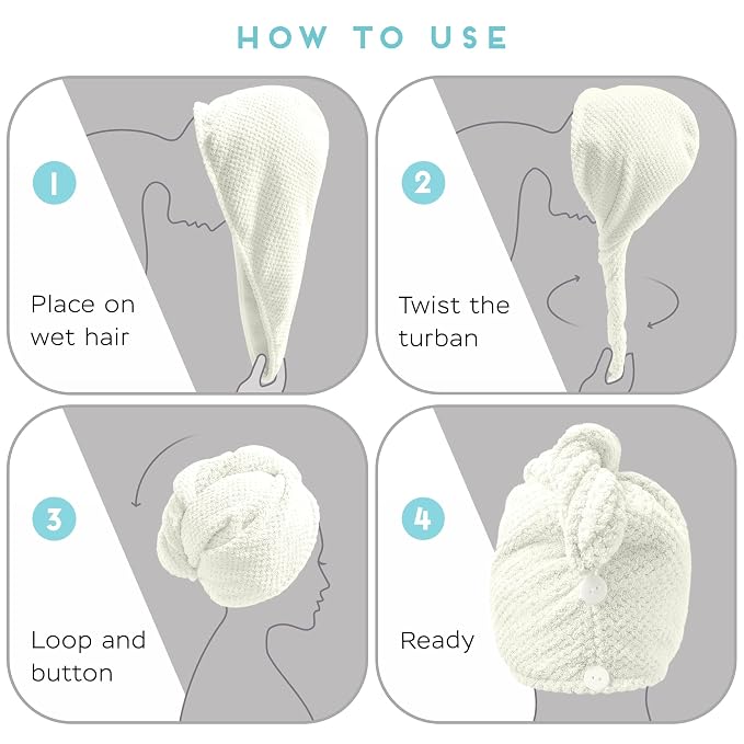 SimpleField 2 Pack Microfiber Hair Towel Wrap for Women, Anti Frizz Quick Drying Hair Turban for All Hair Style, Absorbent and Lightweight (Ivory)