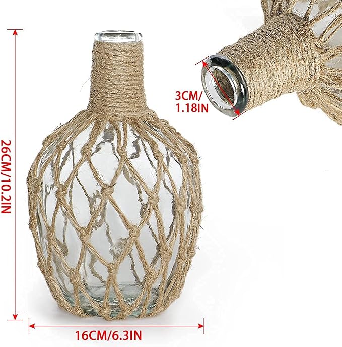 MDLUU Glass Jug with Twine 10" Tall, Flower Vase with Rope Net, Decorative Bottle Vase for Dining Room, Bedroom, Bathroom, Mantel