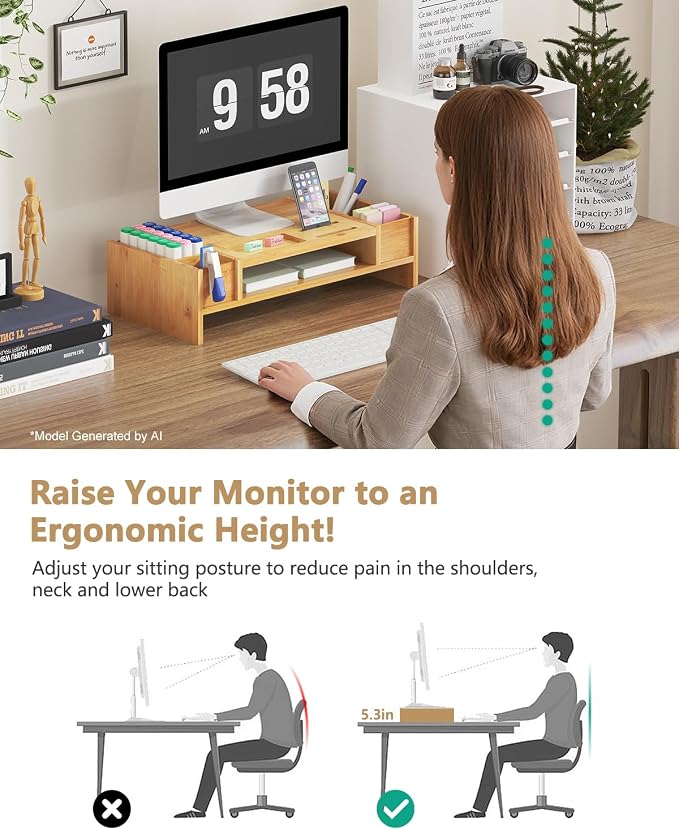 Ufine Bamboo Monitor Stand with Storage Compartments Small Desk Organizer | Ergonomic Computer Laptop Riser with Pen Holder Keyboard Storage for Home Office