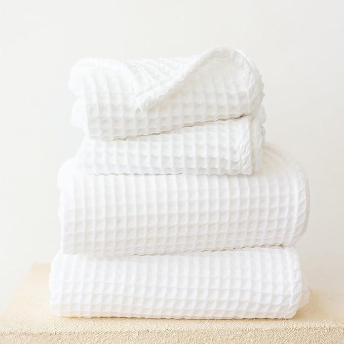 4-Piece Waffle Towels Set for Bathroom - Soft 100% Turkish Cotton Quick-Dry Lint-Free Waffle Weave Thin Bath and Hand Towels (White, 2 Bath & 2 Hand Towel Set)