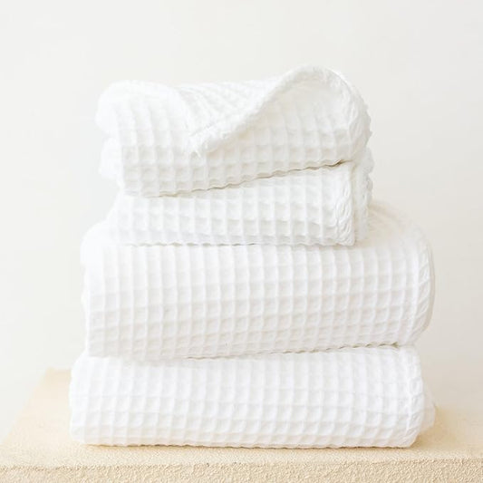4-Piece Waffle Towels Set for Bathroom - Soft 100% Turkish Cotton Quick-Dry Lint-Free Waffle Weave Thin Bath and Hand Towels (White, 2 Bath & 2 Hand Towel Set)