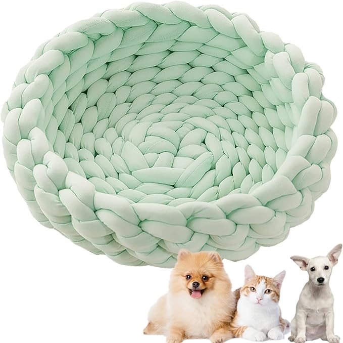 Woven Dog Bed Basket, Knitted Cotton Cat Bed Round Washable Woven Cat Pet Bed Chunky Dog Basket, Orthopedic, Chunky Knit Dog Nest,Dog Bed,Dog Cave,Dog Bedding(Green 3,23")