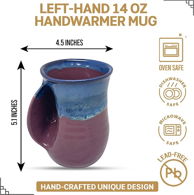 Clay in Motion Hand Warmer Coffee Mug – Handmade Coffee Mug With Comfortable Handle Contoured Pocket Hand Warming Ceramic Coffee Mug – Proudly Made in USA – Left Handed – 14 Oz - Purple Passion