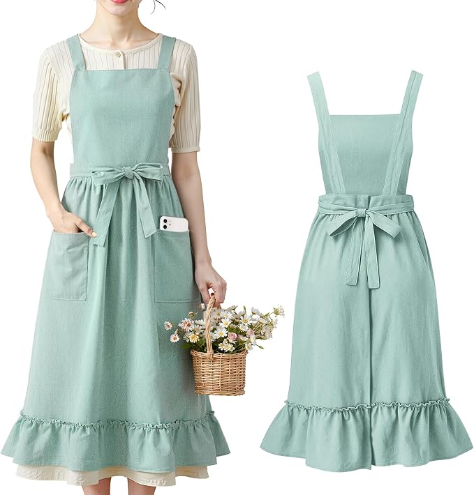 100% Cotton Aprons with Pockets Pinafore Dress for Women Vintage Cute Aprons for Kitchen Baking Gardening Painting