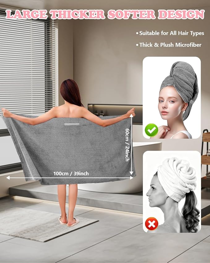 2-Pack Microfiber Hair Towel - 39" x 24" Super Absorbent, Fast Drying Hair Towel Wrap for Women Long, Curly Hair - Turbans with Elastic Strap for Travel, Gym & Workouts
