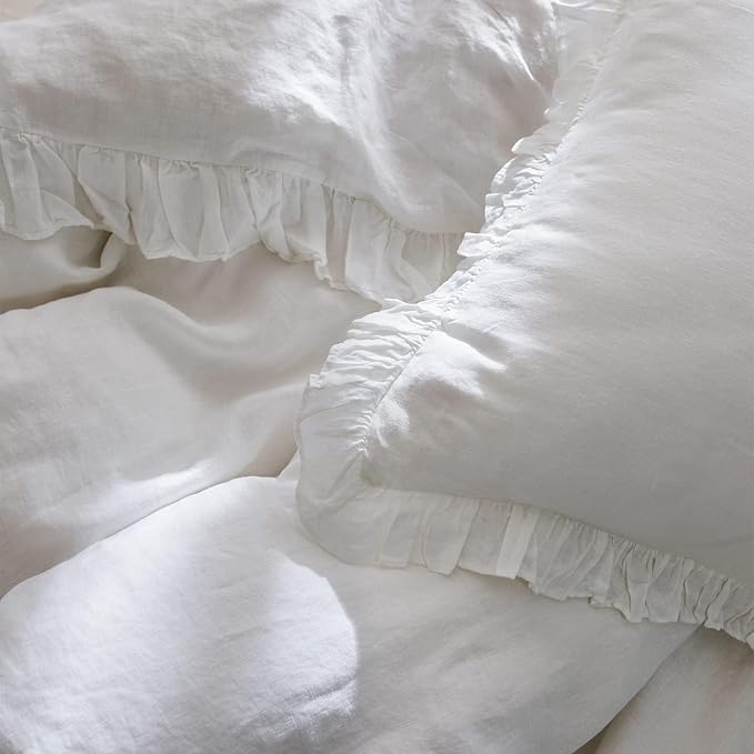 Simple&Opulence 100% Linen Duvet Cover Set, 3 PCS Natural French Flax White Ruffle Duvet Cover King Size, Breathable Comfy Linen Bedding Comforter Cover with 2 Pillowcases (White, 104" X 92")