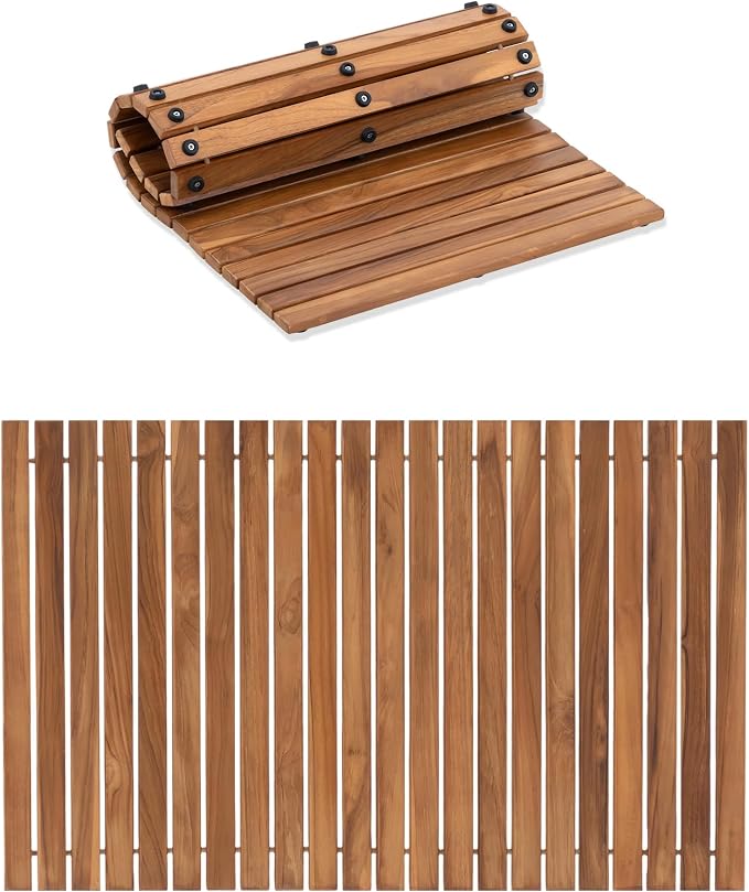 StrongTek Roll Up Teak Bath Mat, Pre-Oiled Wooden Shower Mat with Non-Slip Pads, Teak String Mat for Bathroom, Spa Floor Mat for Tub, Shower & Entry, 30.5 x 19 in