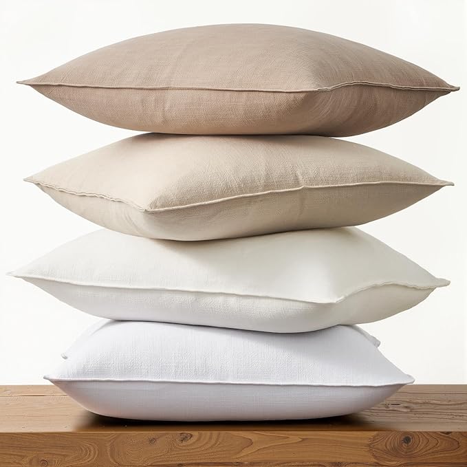 Pack of 4 Neutral Linen Pillow Covers 18x18 Cordinated Color Set for Easy Matching Boho Decorative Throw Cushion Covers with Flange for Sofa Living Room Bed and Balcony Home Decor