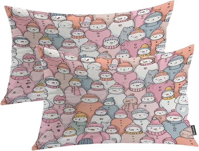 Shrahala Cute Snowmen Winter Accessories Decorative Throw Pillow Cover, Doodle Pastel Snowmen Lumbar Pillowcase Blended Double-Sided No Inserts for Bedroom Living Room Set of 2 (12 x 20 in)