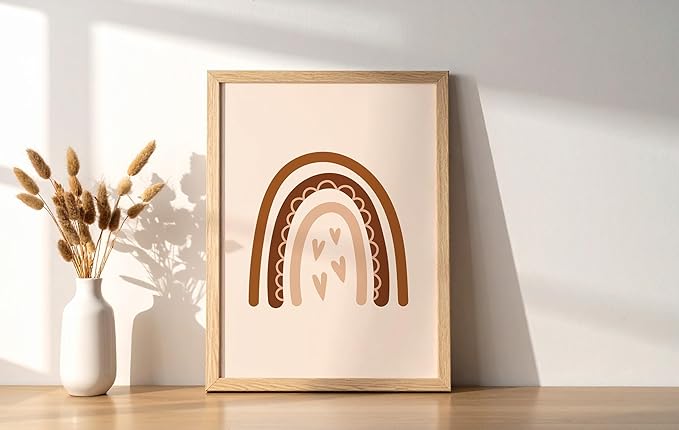 Y2K BOO Boho Nursery Rainbow UNFRAMED Wall Art with Hearts Earth Tones Terracotta Brown Scandi Minimalist Style 8x10 Inch Heavyweight Paper Kids Decor