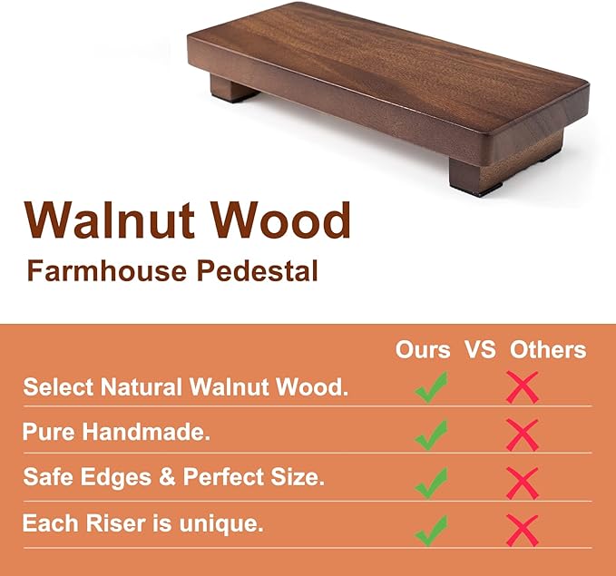 Walnut Wood Pedestal Stand, Wood Riser for Kitchen Counter Farmhouse Decor, Rectangle Wooden Display Tray for Bathroom Home Kitchen (Small, 9 x 3.9 x1.57Inch)