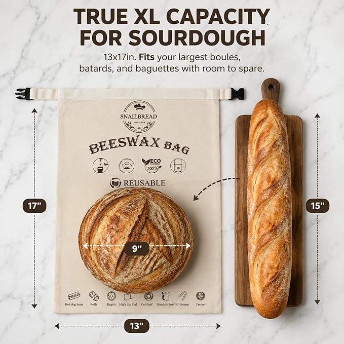 XL Reusable Beeswax Food Storage Bags with Zipper - 2 Pack (13x17) for Sourdough & Homemade Bread | Sustainable Eco-Friendly Freshness Keeper | Upgraded Zippered Beeswax Wrap Bag, Zero Waste