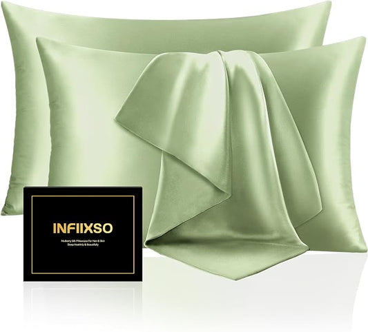 INFIIXSO Silk Pillow Cases 2 Pack Standard Size, Ultra Smooth & Soft Mulberry Silk Pillow Case for Hair and Skin, Breathable Cooling Silk Pillowcase with Hidden Zipper (Sage Green, 20x26 Inches)