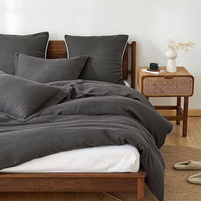 Simple&Opulence 100% Linen Duvet Cover Set, 3 PCS Natural French Flax Dark Grey Duvet Cover Queen Size, Breathable Soft Comfy Linen Bedding Comforter Cover with 2 Pillowcases(Dark Grey, 88"x92")