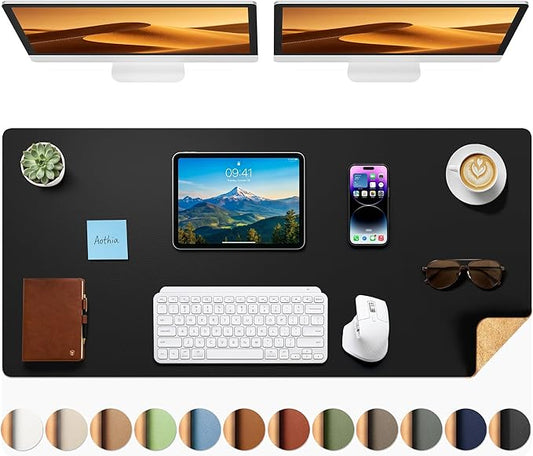 Aothia Cork Desk Mat - Dual-Sided Extra Large Desk Pad & Keyboard Mat, Long PU Leather Desk Protector, Waterproof Desktop Blotter (47" x 17", Black)