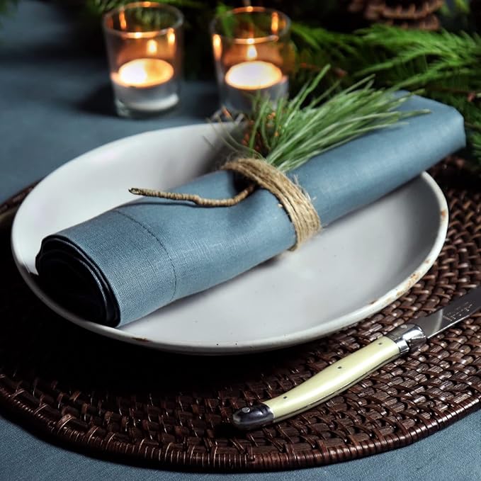 Huddleson Petrol Teal Green Linen Napkin 20x20 (Set of Four) Luxury Italian Linen Napkin Sewn in US
