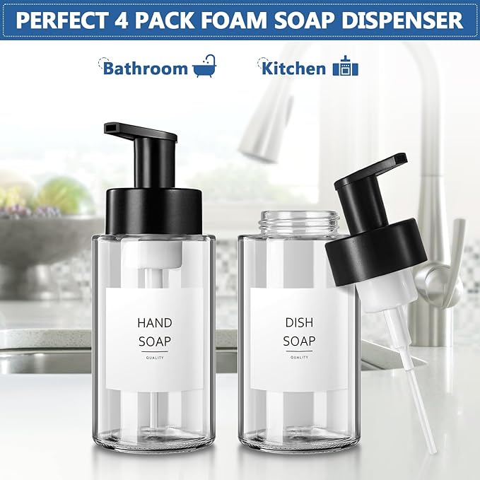 RYTOXILO Foaming Soap Dispenser, 10 oz/300ml Foaming Hand Soap Dispenser, 4 Pack Glass Dispenser for Bathroom & Kitchen, Clear Refillable Foam Dispenser Bottle with Waterproof Labels