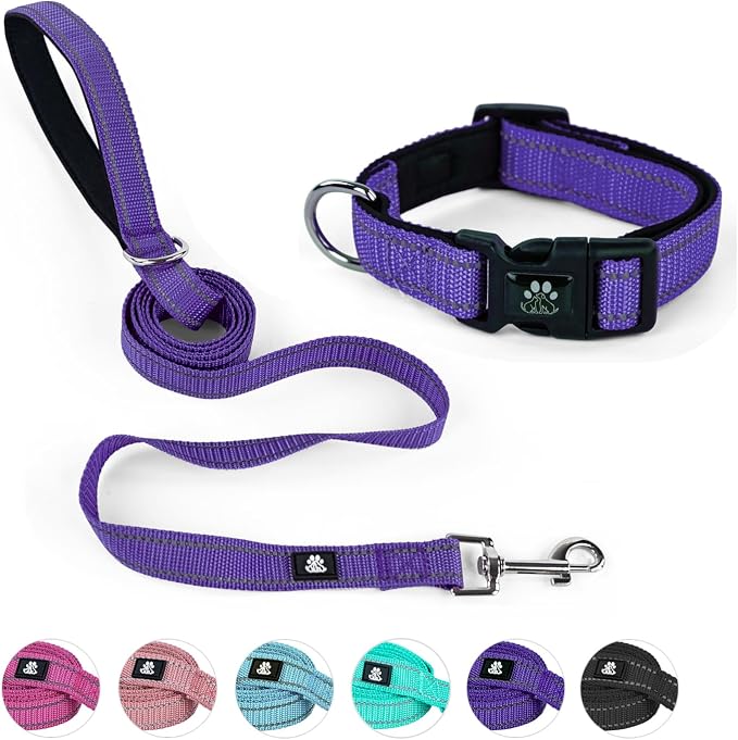NESTROAD Dog Collar and Leash Set,Reflective Dog Collars with Quick Release Buckle,Adjustable Nylon Pet Collar for Small Medium Large Dogs(Medium,Purple)