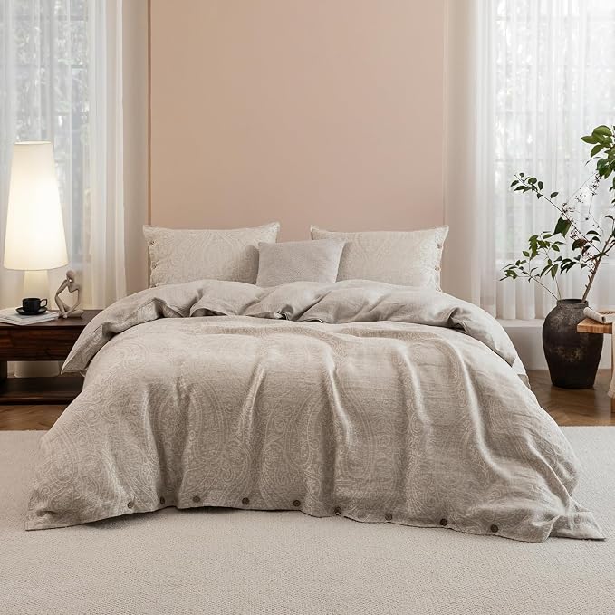 EVERLY 100% Pure Linen Duvet Cover Set King Size 104X90Inch 3pcs (1 Duvet Cover,2 Pillowcases) Soft and Breathable for All Season with Coconut Button Closure, Suitable for Hot Sleepers-Linen King