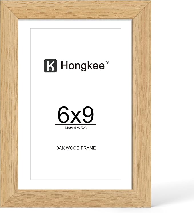 Hongkee 6x9 Oak Wood Picture Frame, Display Photos 5 x 8 with Mat or 6 x 9 without Mat - Tempered Glass Cover, Horizontal and Vertical Display for Wall or Tabletop (Natural Oak, Set of 1)