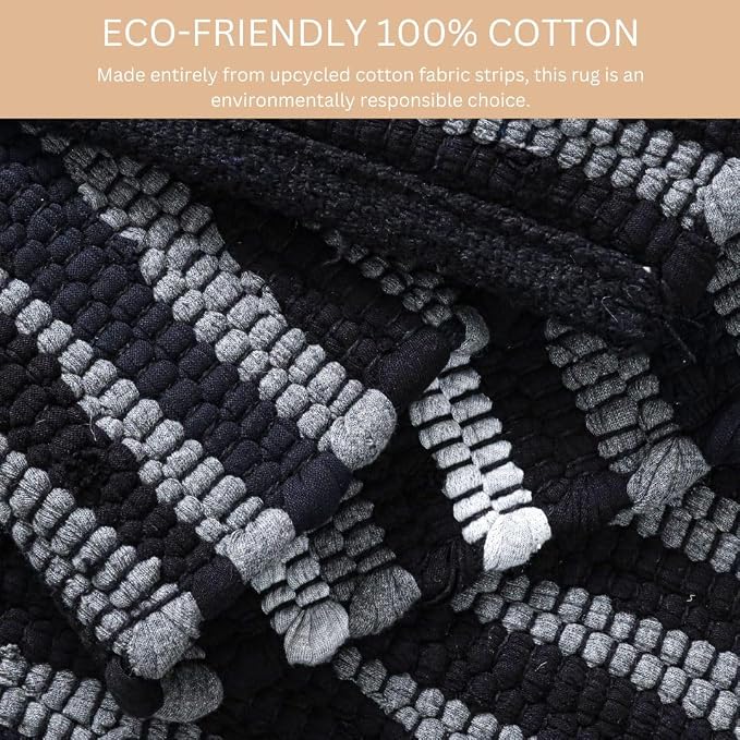 WeWove Hand Woven Chindi Rug Cotton - Boho Rustic Farmhouse Area Accent Throw Rug - Area Floor Carpet for Bedroom Living Room Kitchen Dorm Entryway Hallway - 20x32 inch Area Rug Black Multi