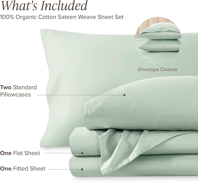 Bare Home 100% Organic Cotton Queen Sheet Set - 400 Thread Count - Smooth Sateen Weave - Breathable & Cooling - Hotel Luxury Set - Deep Pocket Bed Sheets (Queen, Willow)