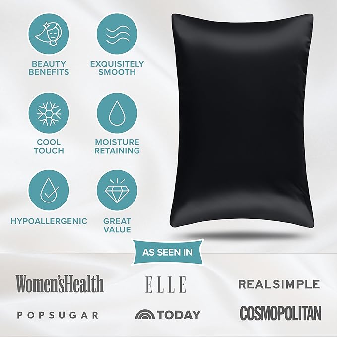 Bare Home 100% Mulberry Silk Pillowcase for Hair and Skin - Ultra Premium 6A Grade 19 Momme Silk Pillow Case - Envelope Enclosure - Breathable Cooling Pillow Cover (Queen, Black)