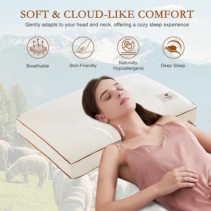 YOUR MOON Natural Wool Pillow King Size Set of 2, Soft Support Bed Pillows for Sleeping, Australian Wool Filling with 100% Cotton Cover, Down Alternative Pillows (Off White)