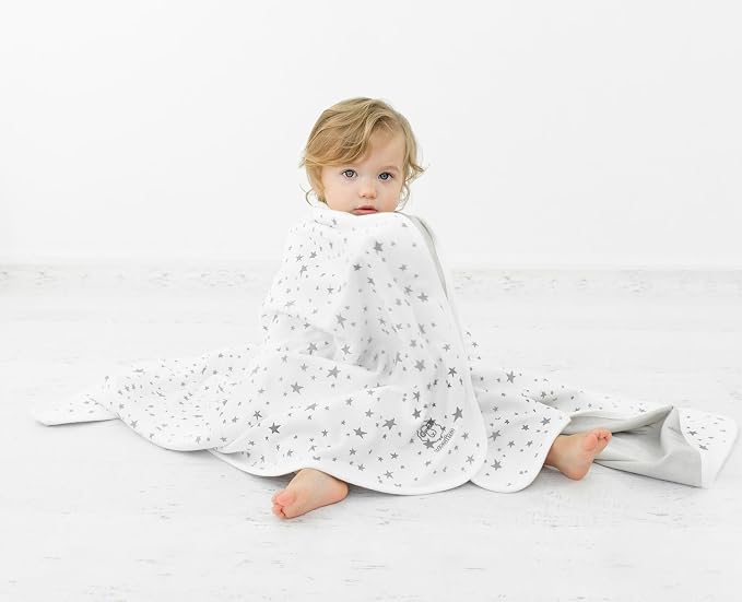 Woolino Toddler Blanket - Merino Wool and Organic Cotton Baby Blanket for Girls and Boys - 4 Season - 52.5” x 40” - Stars Gray