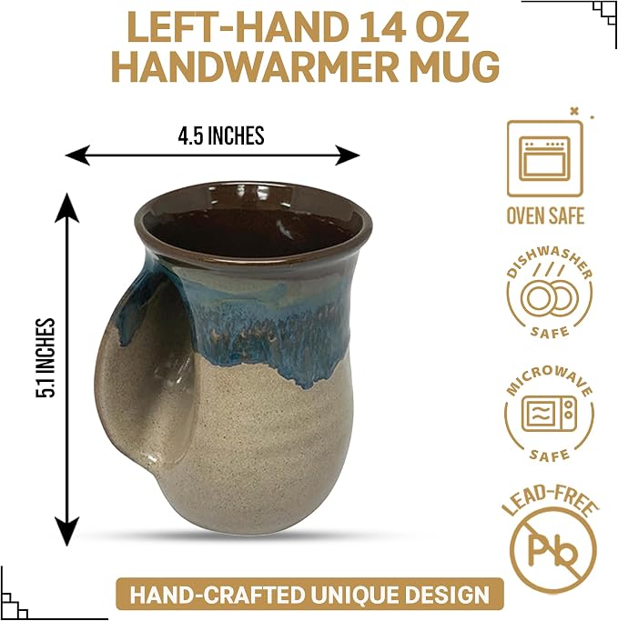 Clay in Motion Hand Warmer Coffee Mug – Handmade Coffee Mug With Comfortable Handle Contoured Pocket Hand Warming Ceramic Coffee Mug – Proudly Made in USA – Left Handed – 14 Oz - Mudslide