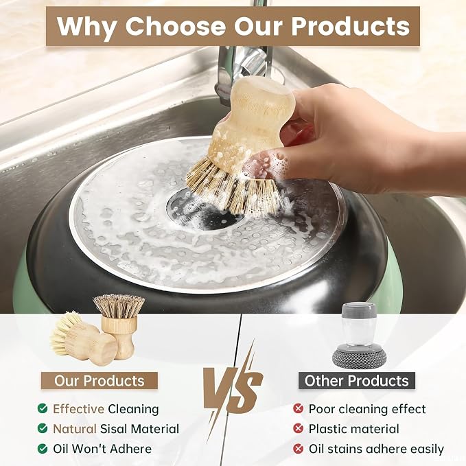 2-Pack Natural Bamboo Dish Brush Set – Eco-Friendly Scrub Brushes with Sisal & Palm Bristles for Non-Stick Cookware, Pots, Vegetables, and Kitchen Cleaning