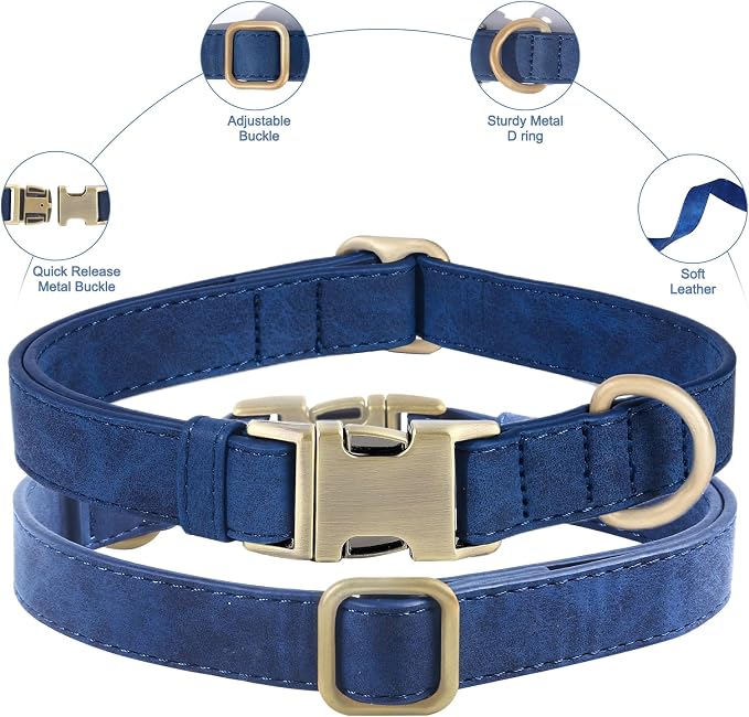 Genuine Leather Dog Collar - Adjustable Pet Collar with Quick Release Metal Buckle, Soft Skin Friendly Real Leather Collar for Small, Medium, Large Dogs (Blue, M：Fit 12-20" Neck)