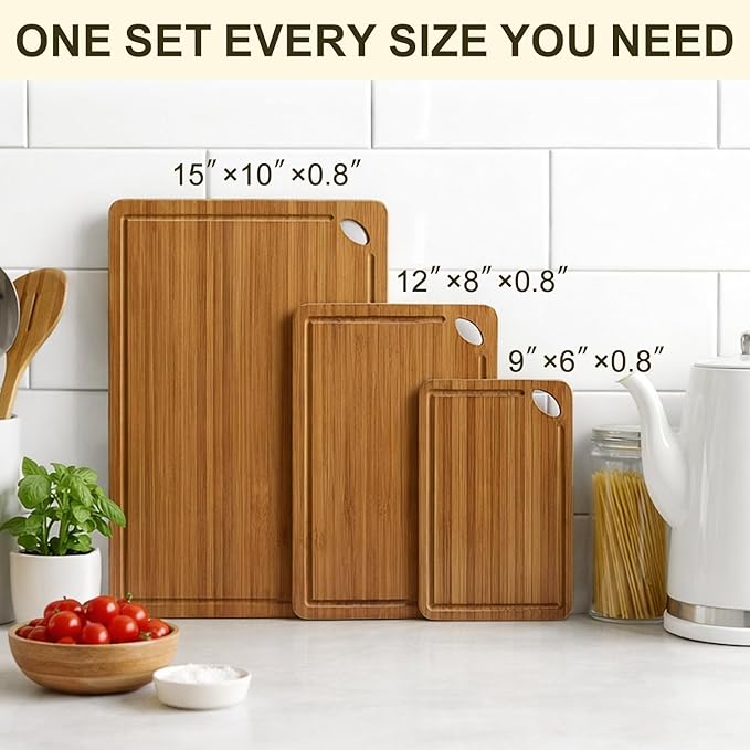 Non Toxic Bamboo Cutting Board Set of 3 Solid Wood Plastic Free Cutting Boards for Kitchen Small Dark Wooden Chopping Board Hardwood Cutting Boards for Meat Bread Fruit Serving Charcuterie Board