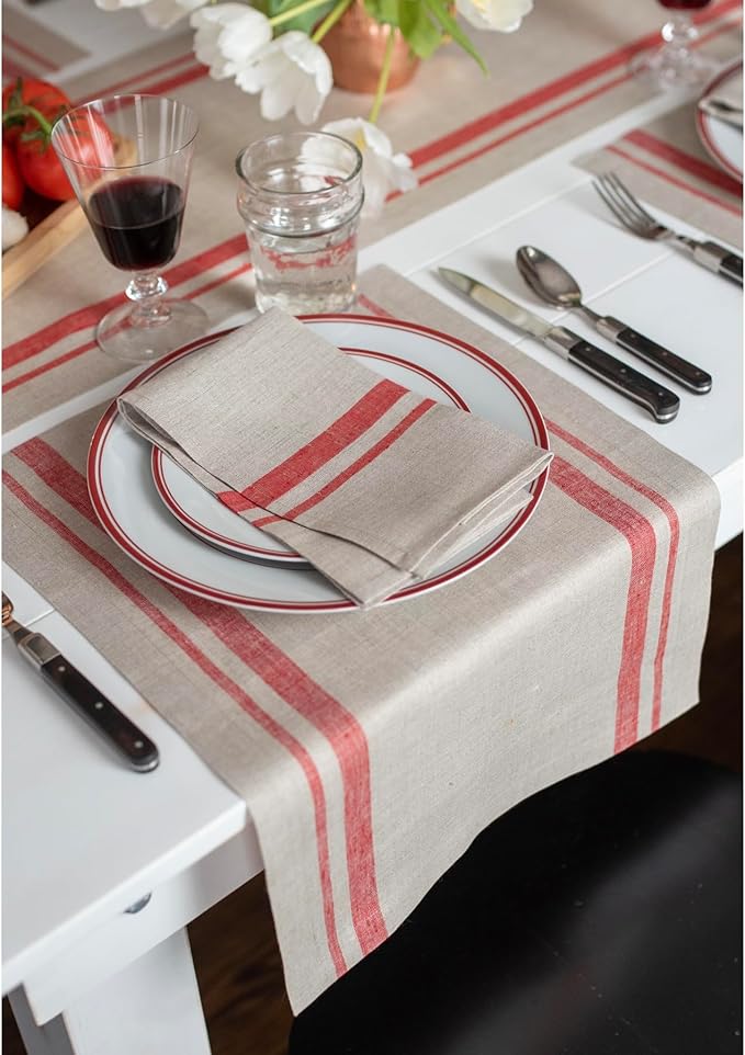 Solino Home Linen Placemats Set of 4 - French Stripe Red and Natural Placemats 14 x 19 Inch - 100% Pure Linen Table Mats