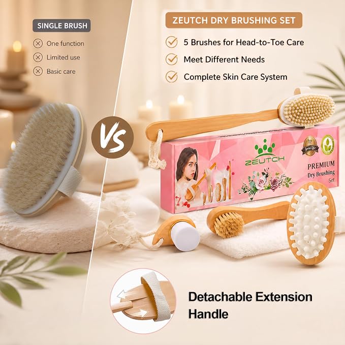 Zeutch Premium Dry Brushing Body Brush Set for Lymphatic Drainage and Cellulite Treatment, Boar Bristle Long Handle Face Cleansing Brush for A Glowing Skin, 5 Pack