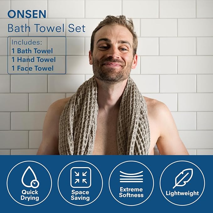 ONSEN Supima® Waffle Bath Towel Set, Quick Dry Lint Free 100% USA Cotton, Bath Hand and Face Towel Bundle, 3 Piece (Oatmeal, Bath Towel Set)