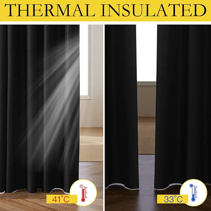NICETOWN Vintage Rod Pocket Flax Thermal Curtains, 100% Blackout Curtains 84" Long for Dining Room, Soundproof Window Treatment Drapes for Hall Room, Black, 52" Wide Per Panel, Set of 2