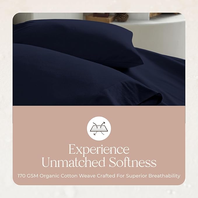 100% Organic Flannel Sheets Queen Size - GOTS Certified 100% Cotton Flannel Sheets Set with Comfortable Soft Brushed Finish & Deep Pocket - 1 Flat 1 Fitted & 2 Pillowcases (Navy, Queen)