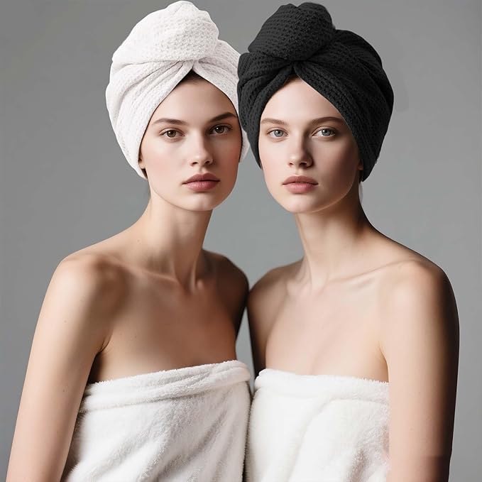 ROLSHOL 2 Pack Microfiber Hair Towel Wrap for Women, 32" x 11" Waffle Weave Hair Plopping Towel for Curly, Long & Thick Hair, Anti-Frizz Hair Turbans for Wet Hair (White, Grey)