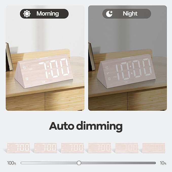 JALL All Digital Alarm Clock, with Wooden Electronic LED Time Display, 3 Alarm Settings, Humidity & Temperature Detect, Wood Made Electric Clocks for Bedroom, Bedside, Desk (White-Big Bold)