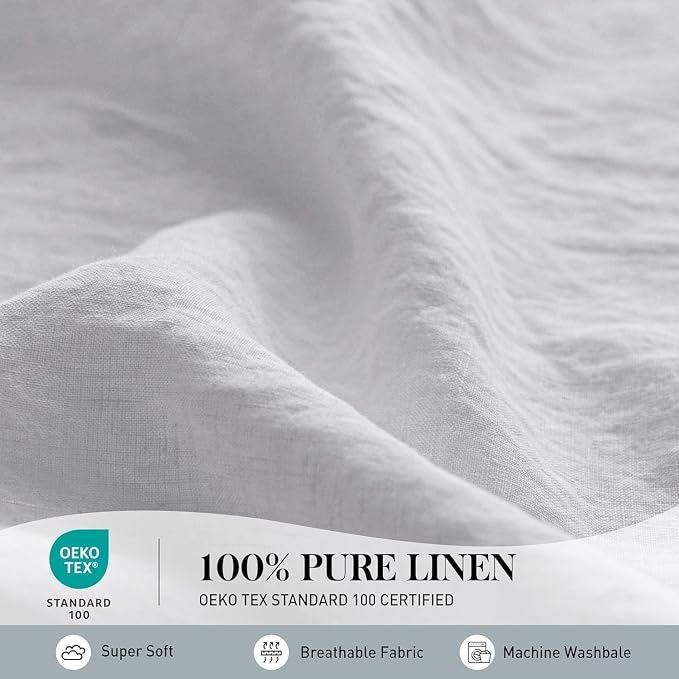 Simple&Opulence 100% Linen Duvet Cover Set, 3 PCS Natural French Flax White Ruffle Duvet Cover Full Size, Breathable Comfy Linen Bedding Comforter Cover with 2 Pillowcases (White, 78" X 86")