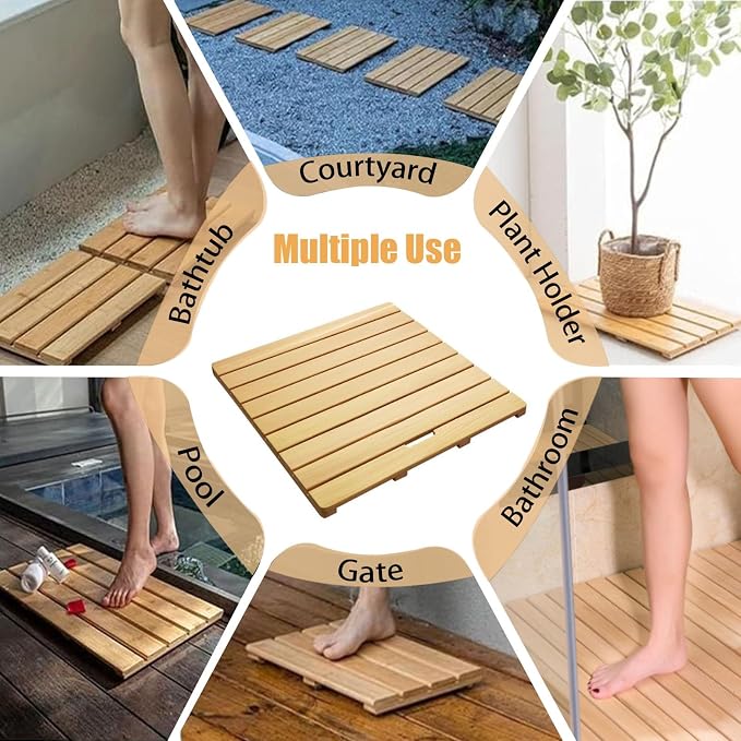 Eco-Friendly Natural Wooden Shower Mat, Non-Slip Bath Pedal with Handle, Custom Sizes (24x24in), Durable Water-Resistant Drain Board, Easy to Clean Bathroom Accessory