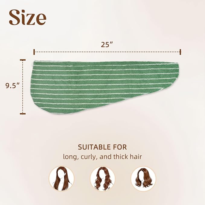 Jacquotha Cotton Hair Towels (Green Striped), 2 Pack Hair Turban | Soft Quick Dry Hair Wrap Towels for Women Long Curly Hair, Shower Bathroom Salon Spa Travel Pool, 25" x 9.5"