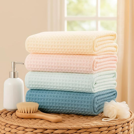 SmoothNovelty 4 Pack 100% Cotton Waffle Bath Towels 28 x 55 Inch Oversize Waffle Towel Quick Dry Absorbent Soft Lightweight Blanket for Bathroom Shower Spa Yoga Beach Pool Travel, Blue, Pink, White