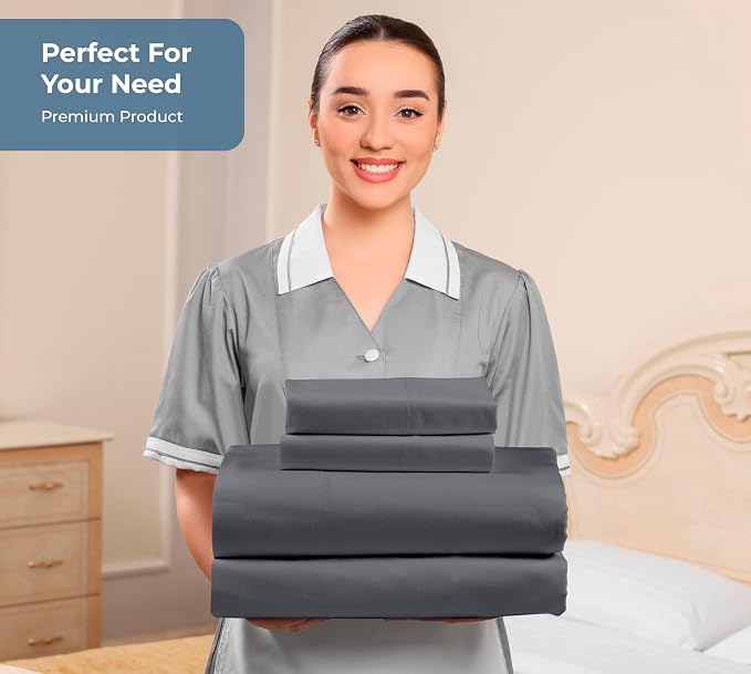 ROYALE LINENS 100% Organic Cotton Queen Sheet Set - Percale Weave - 4 Pieces Set - 1 Flat, 1 Deep Pocket Fitted Sheet and 2 Pillowcases - Grey Bed Sheets - Sábanas Queen - Crisp Cool (Grey)
